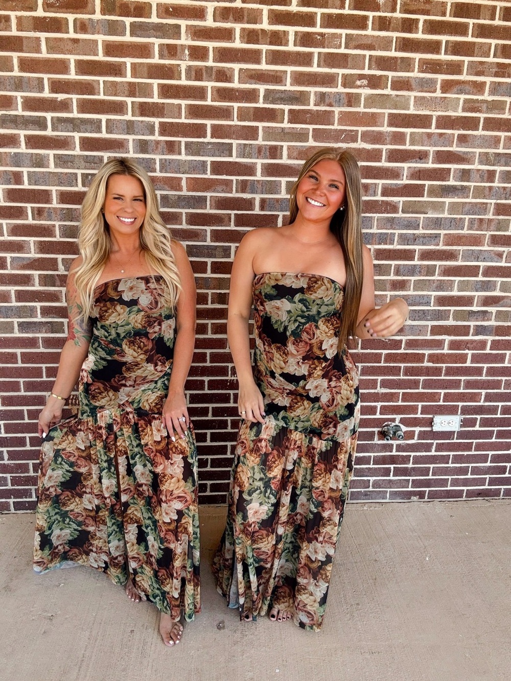 Strapless Floral Maxi Dress in Brown and Green
